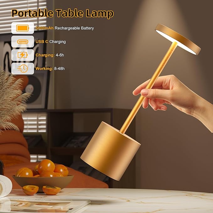 Cordless Table Lamps Rechargeable - Outdoor Portable LED Table Light 5000mAh Battery Operated Lamp 3 Color Stepless Dimming with Memory Function for Restaurant Dining Patio 2Pack Gold