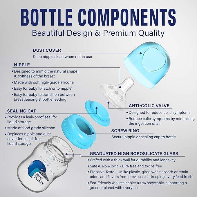 Multipurpose Anti-Colic Glass Baby Bottles with Slow Flow and Natural Flow Nipples, Breast Milk Collection and Storage Bottles, Wide-Neck Breast Pumps Compatible, 6-Pack (4oz, 6oz)