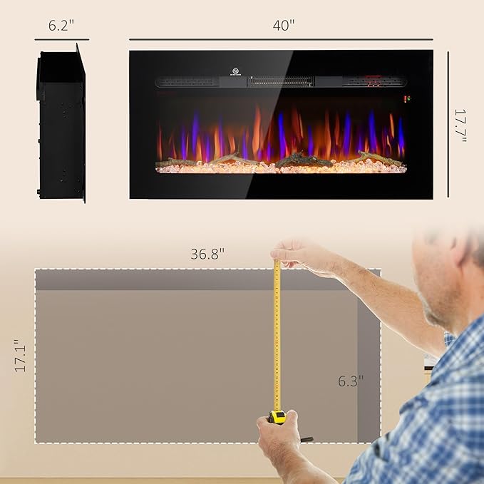 HOMCOM 40" Electric Fireplace Recessed and Wall Mounted with Remote Control, 1500W Fireplace Heater with 8H Timer, Adjustable Flame Color and Brightness, Log and Crystal