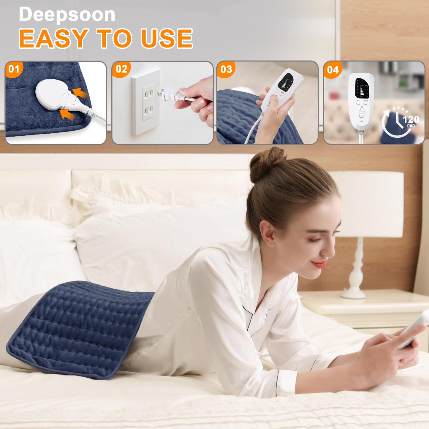 Deepsoon Heating Pad,Electric Heating Pads for Back,Neck,Abdomen,Moist Heating Pad for Shoulder,Knee,Arms,Legs,Dry/Moist Heat & Auto Shut Off,Christmas Gifts for Men and Women,Navy Blue,24x12 Inch