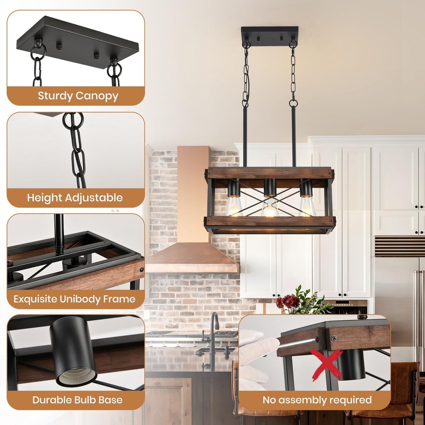 Hoxiya Farmhouse Kitchen Island Light  3 Lights Pendant Lighting Fixture  Rustic Wood Chandelier  Adjustable Height Metal Linear Light For Dining Room Kitchen Bar Pool Table.