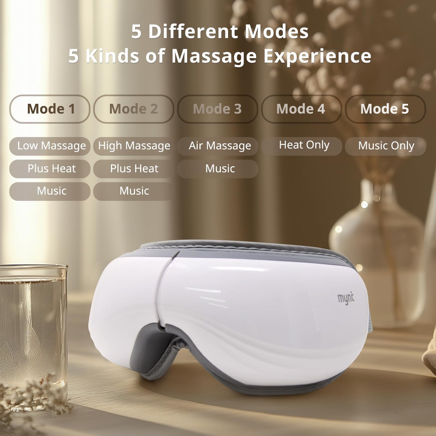Mynt 5 Mode Eye Massager with Heat and Cooling, Heated Eye Massager with Bluetooth Capability, Folding Eye Mask Massager with Heat and Cool, Eye Massage with Voice Announcement, Gifts for Christmas
