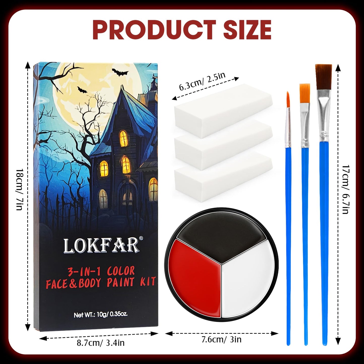 Black White Red Face & Body Paint - Blendable Facepaint Foundation with Sponge & Brush for Skin, Professional Halloween Face Mak