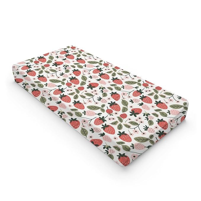 Cartoon Strawberry Flowers Leaves Baby Changing Pad Cover,Unisex Fruits Nursery Diaper Changing Table Pad Mat Sheet for Boys Girls-16x32