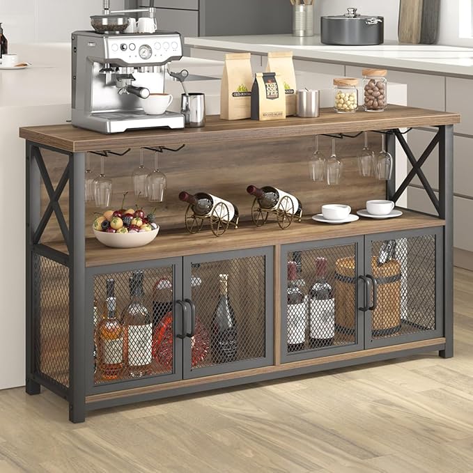 LVB Wine Bar Cabinet, Industrial Sideboard Buffet/Coffee Bar Cabinet for Liquor and Glasses, Farmhouse Metal Wood Rack Cabinet for Home Living Dining Room Kitchen, Rustic Oak, 47 Inch