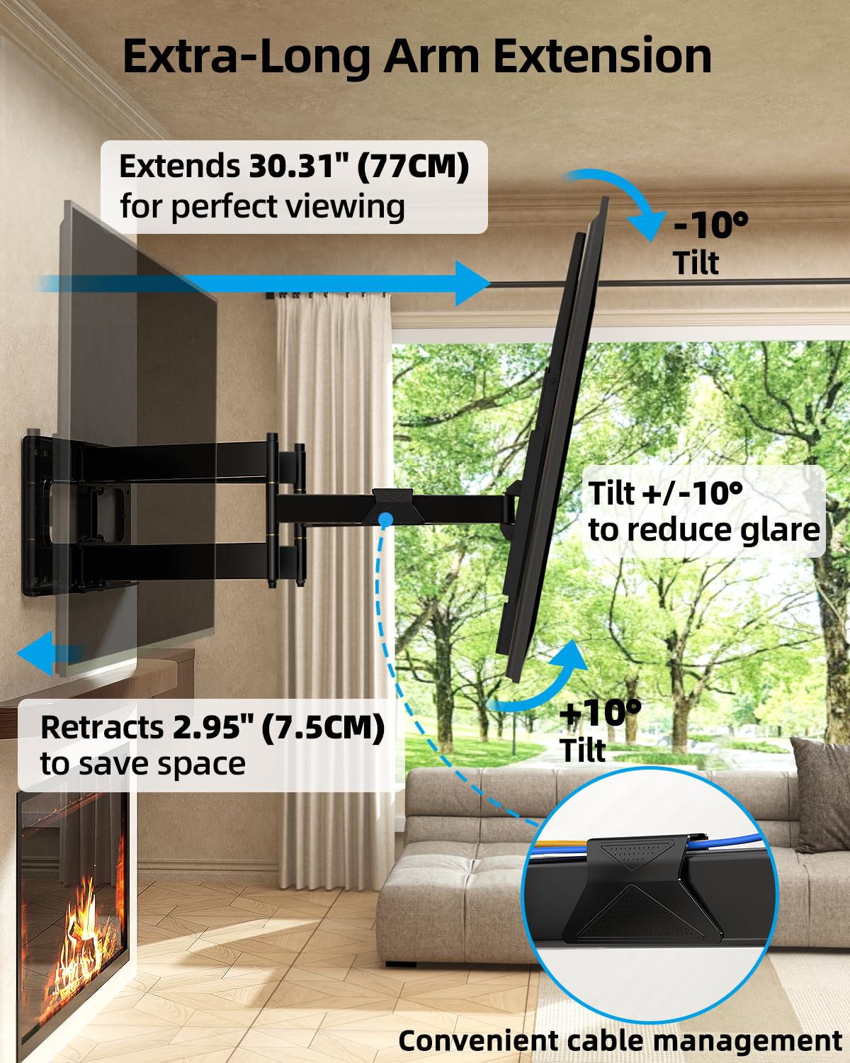 HOME VISION Full Motion Long Arm TV Wall Mount Bracket, Fits 75, 80, 85, 86, 98, 100 inch Flat or Curved TVs Up to 800x600 VESA & 165LBS, TV Mount with Full Motion, Swivel, Tilt, Extension, Heavy Duty