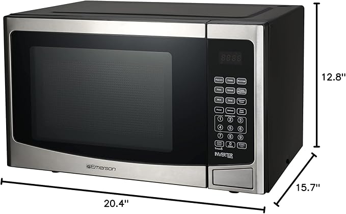Emerson 1.2 Cu. Ft. Microwave Oven with Inverter, Timer & LED Display, 1000W, 10 Power Levels, 8 Pre-Programmed Settings, Removable Glass Turntable with Child Safe Lock, MWI1212SS, Stainless Steel