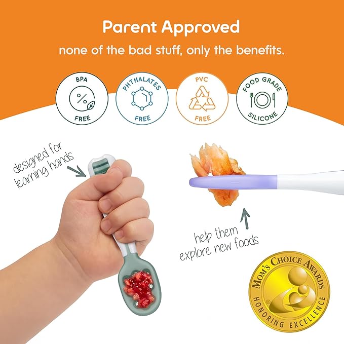 NumNum Baby Spoons Set, Baby Essentials Pre-Spoon GOOtensils for 6+ Months, First Stage Self-Feeding Spoons for Baby Led Weaning (BLW), Silicone Toddler Utensils, BPA-Free, 2 Pack Gray/Green