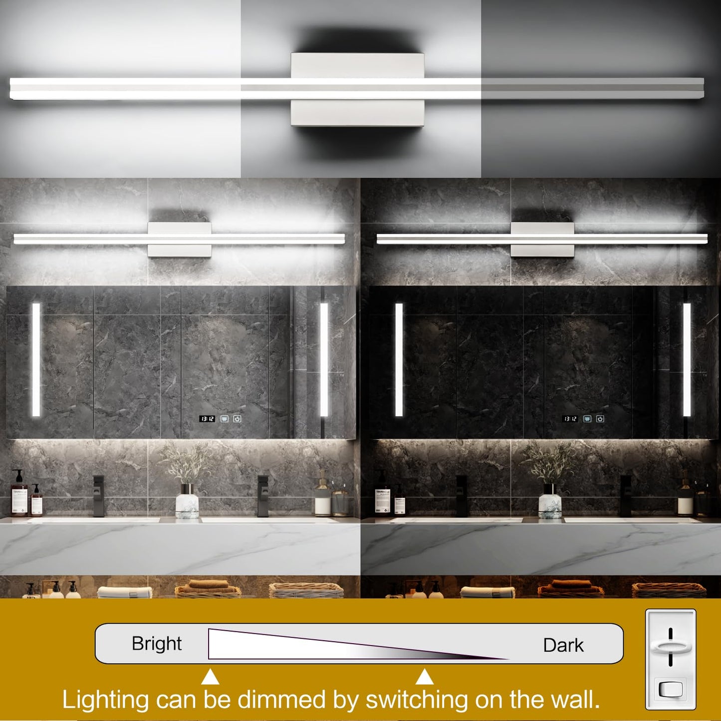 Solfart 40 Inch Modern Led Bathroom Vanity Light - Dimmable Stainless Steel Over Mirror Fixture, Silver Finish, Model 8B07B29F