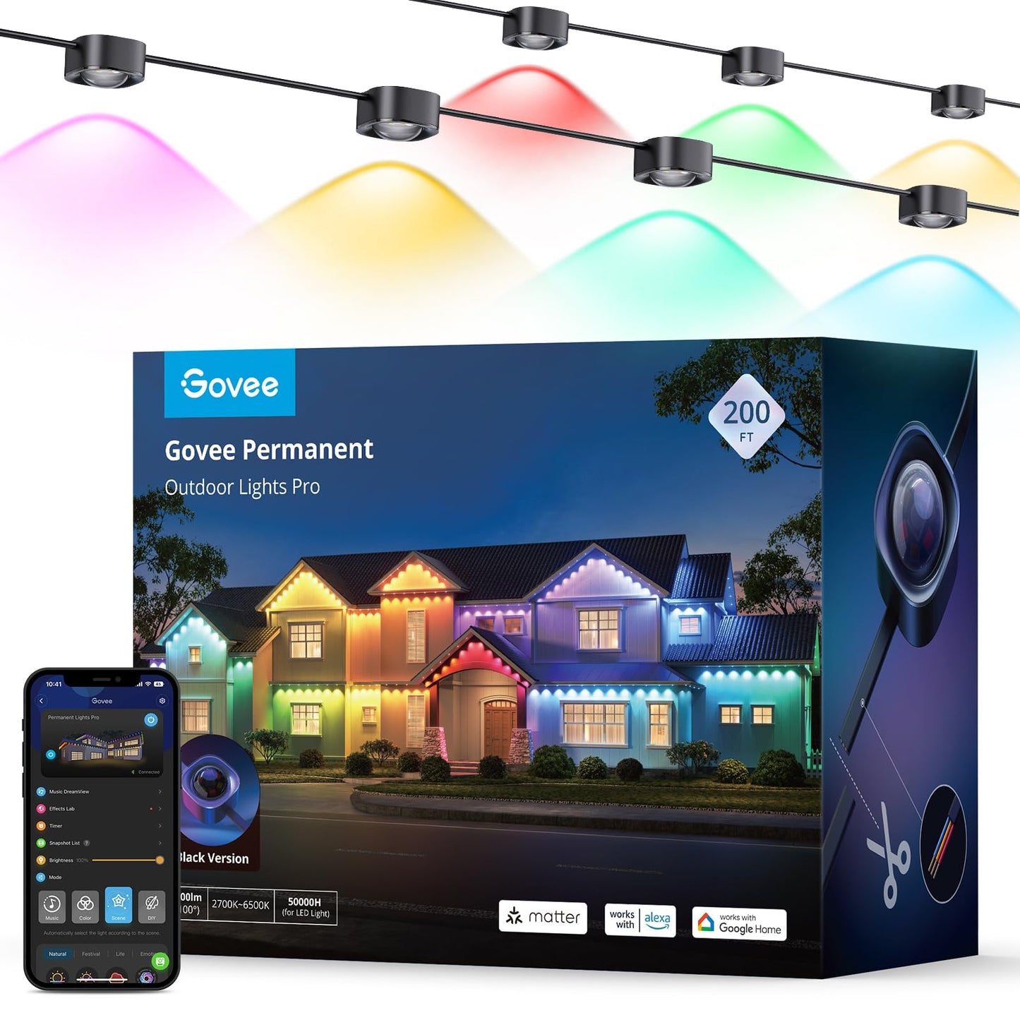 Govee Outdoor Lights Pro, 200ft, 120 RGBIC LED, IP67 Waterproof, Works with Alexa/Google Assistant, Black, Model H706C