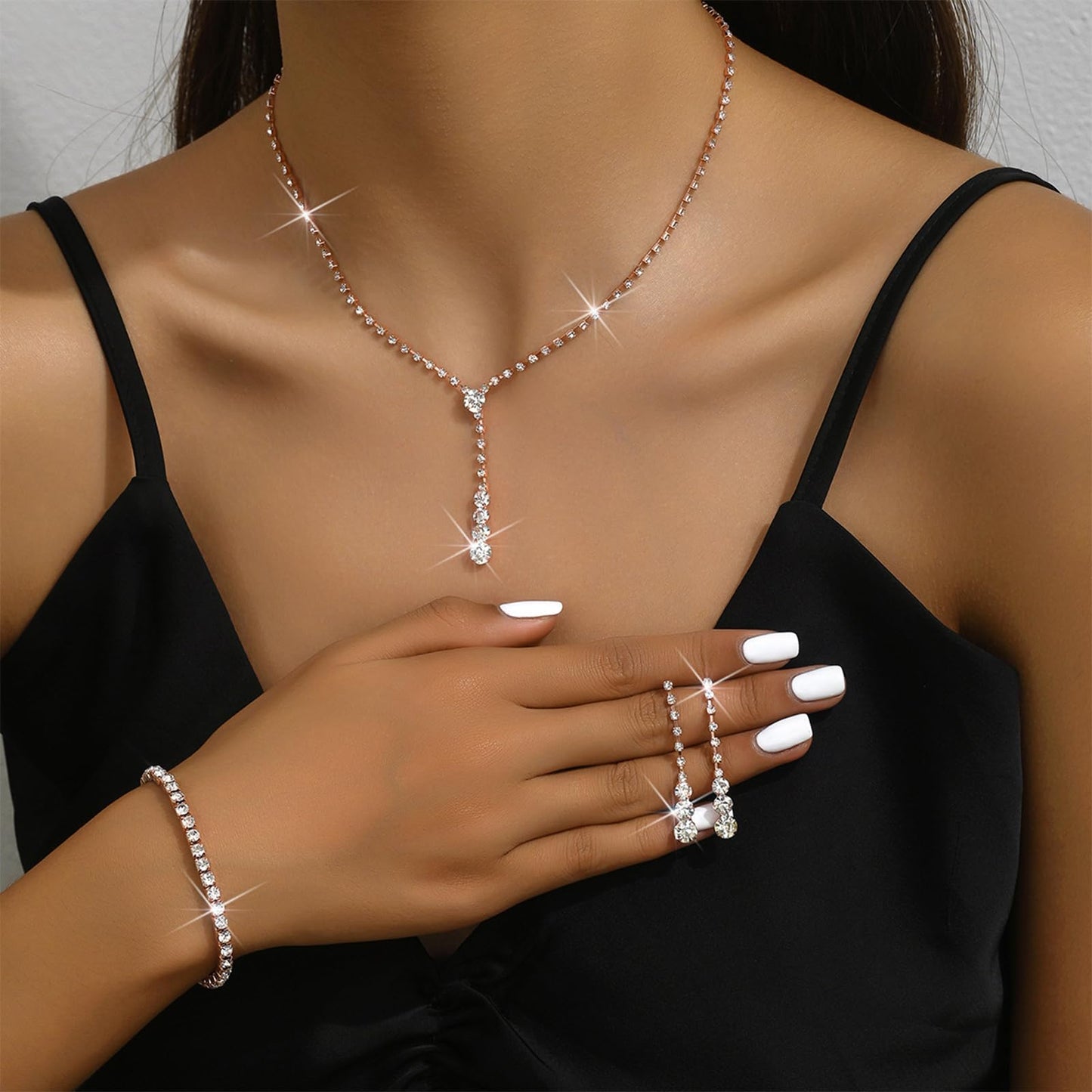 HUASAI Rose Gold Wedding Jewelry Sets for Brides Rhinestone Necklace Earrings Bracelet Set Bridal Costume Jewelry for Women Form