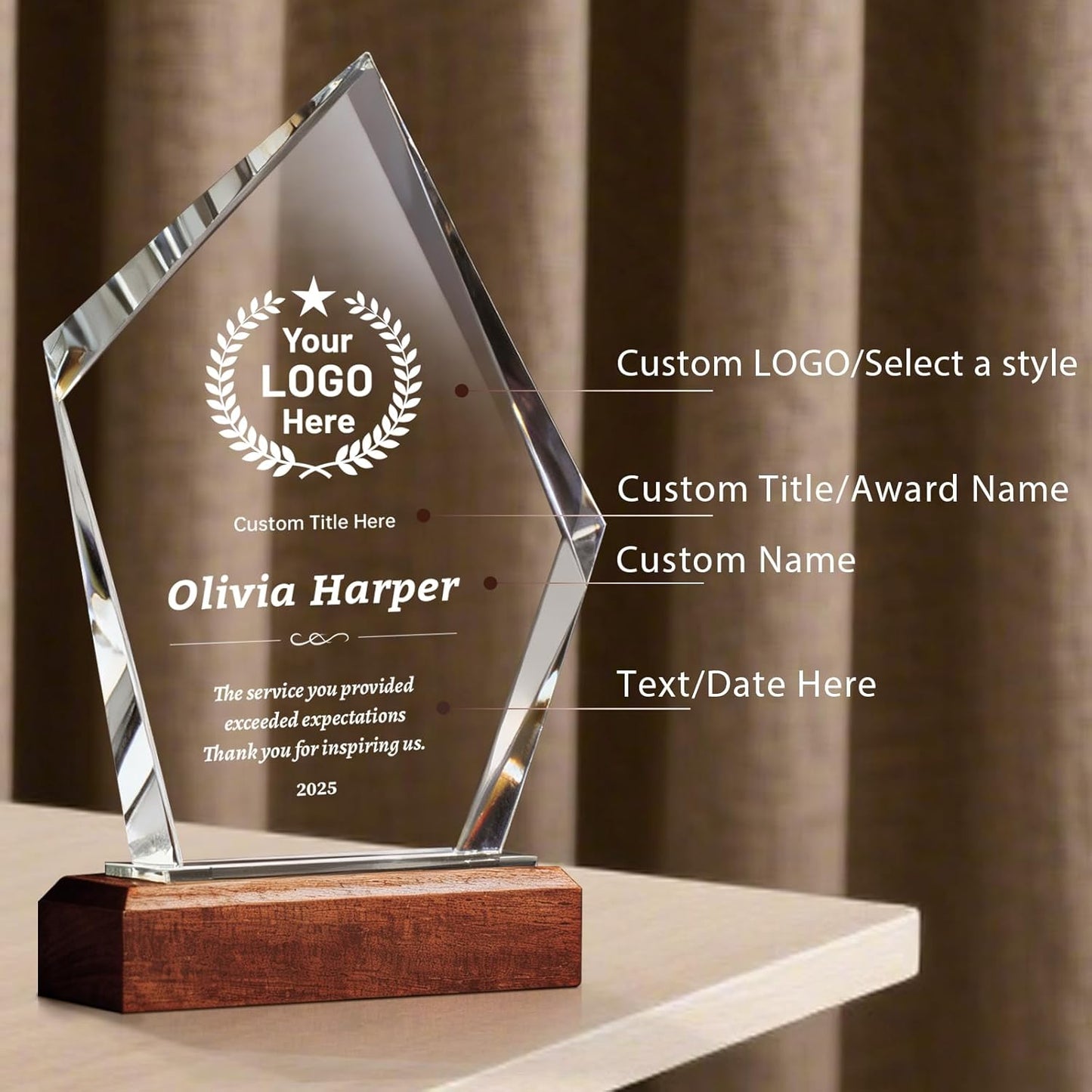 Custom Crystal Trophy Award with Wood Base, Custom Plaque Personalized Engraved with LOGO Text, Employee Appreciation Gift, Retirement Gift for Employee Coworker, Sports Recognition Trophies