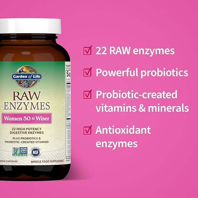 Garden of Life 22 Digestive Enzymes for Women 50 & Over with Bromelain, Papain & Lactase Plus Probiotics & Vitamins B12, Biotin & Zinc – RAW Enzymes – Non-GMO, Gluten-Free, Vegetarian, 90 Capsules