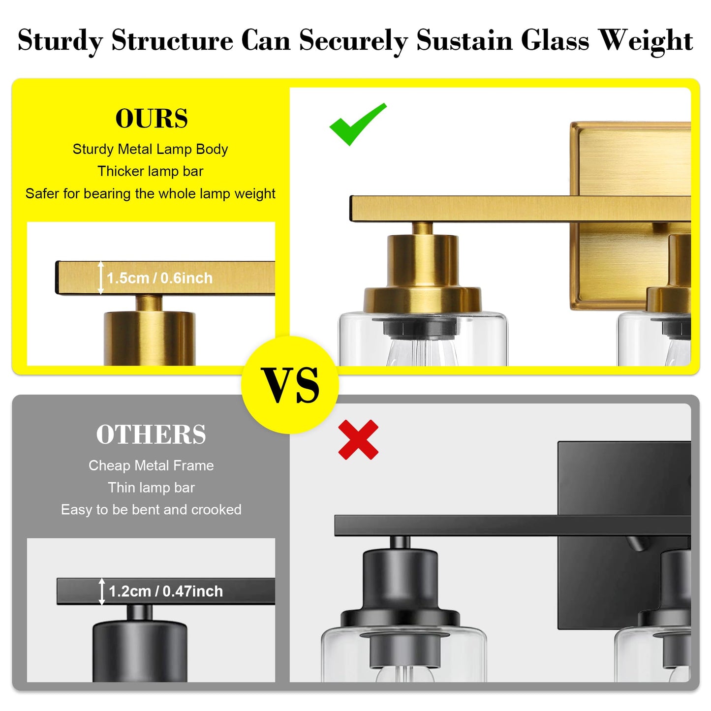 Ascher Bathroom Vanity Light Fixtures  3 Light Wall Sconces Lighting With Clear Glass Shade  Gold Wall Lights For Mirror  Kitchen  Living Room  Gallery  E26 Base (Bulbs Not Included)