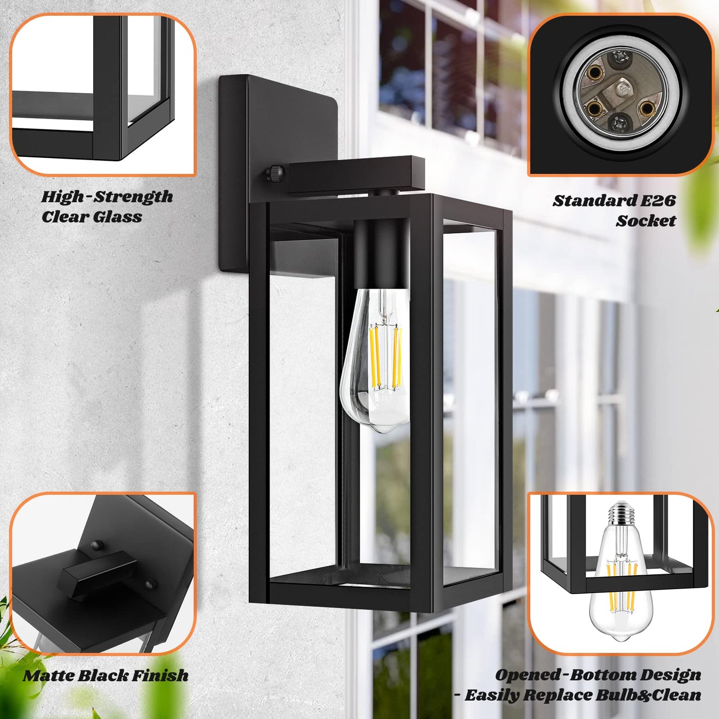 Brightever 2-Pack Outdoor Wall Lanterns, Waterproof Black Metal Sconces, Clear Glass, Model B04018P
