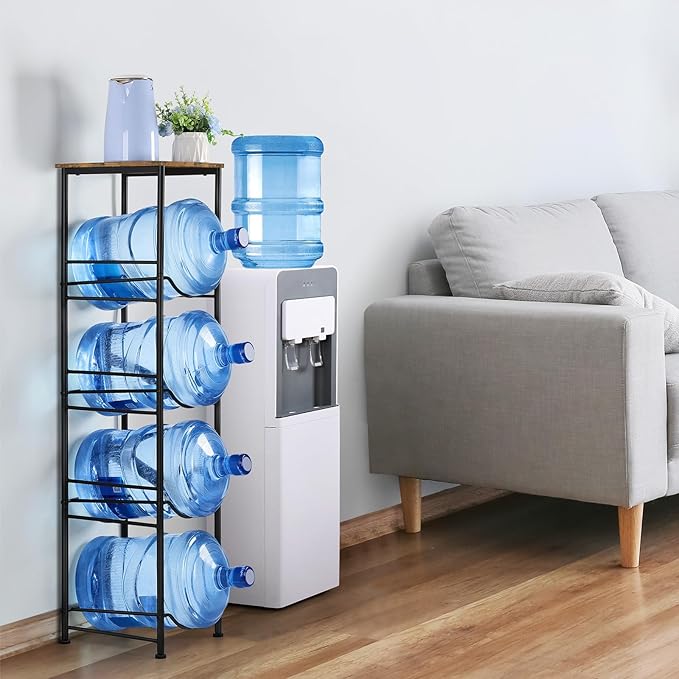 ETELI 5 Gallon Water Bottle Holder Organizer 4 Tier Water Cooler Jug Rack with Storage Shelves Water Bottle Dispenser Stand for Kitchen Living Room Office, Black and Brown