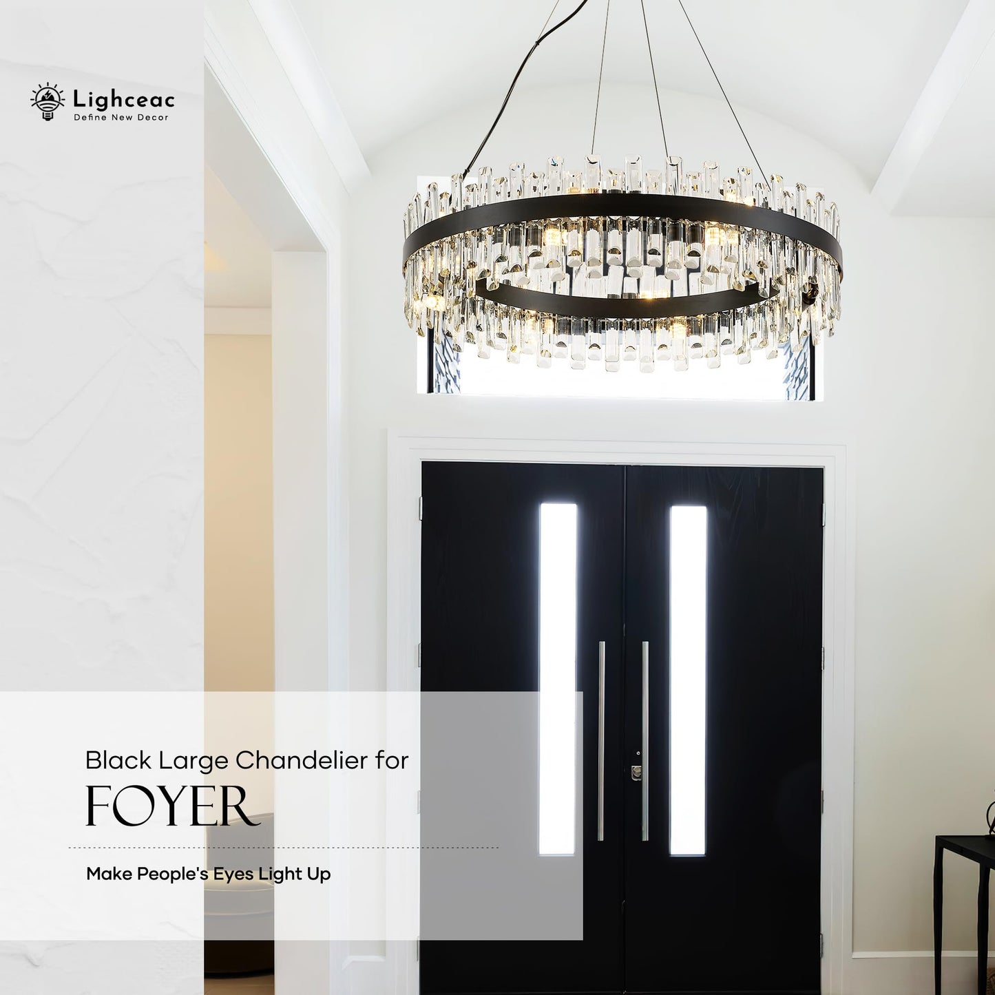 Lighceac 31.9 Black Modern Crystal Chandelier Light Fixtures stylish 2 Ring Crystal Chandeliers For Dining Room 16-Light Round Hanging Pendant Lighting For Living Room Kitchen Island Entryway Bedroom