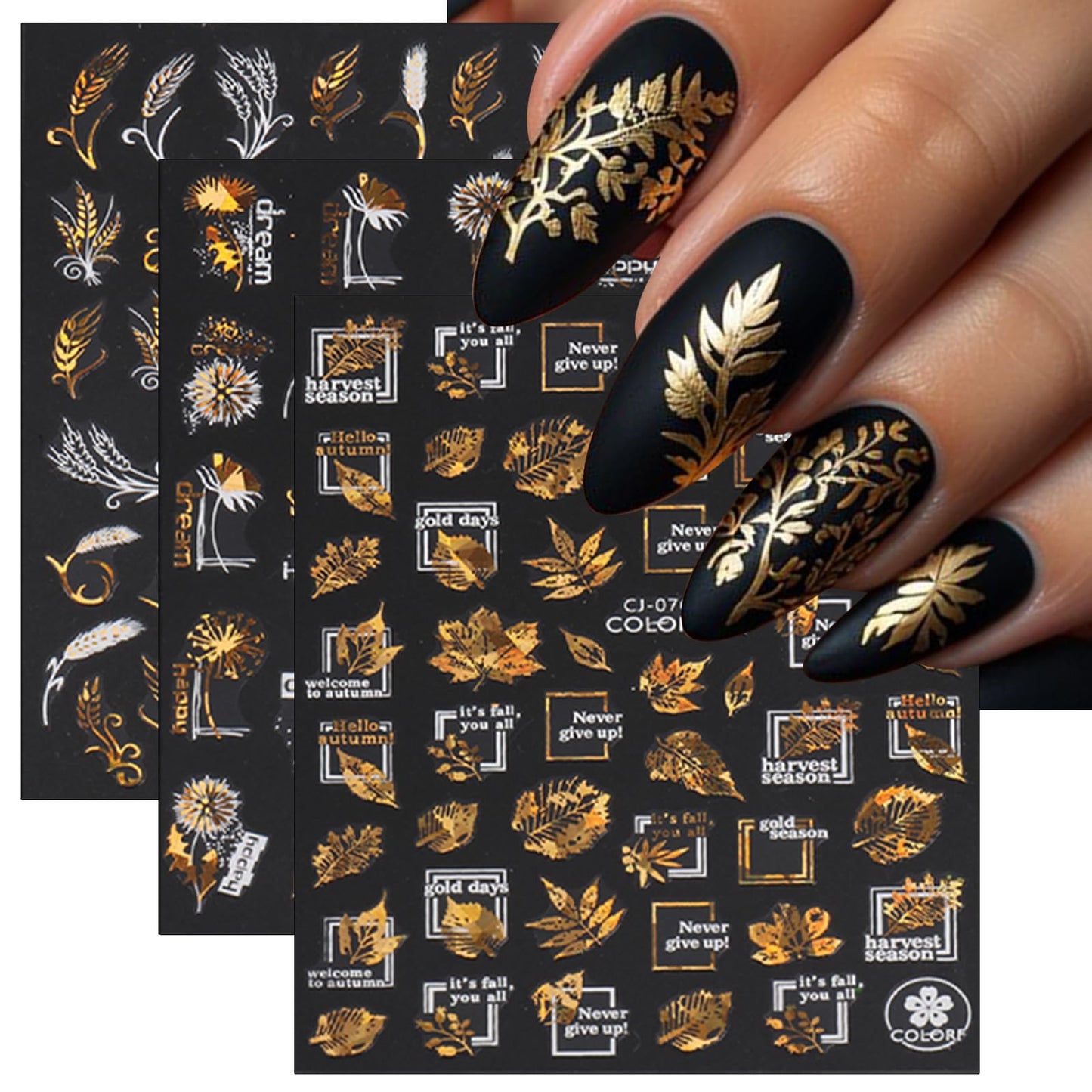 9 Sheets Bronzing Fall Nail Art Stickers 3D Glitter Metallic Maple Leaf Nail Stickers Autumn Laser White Gold Leaves Flower Nail