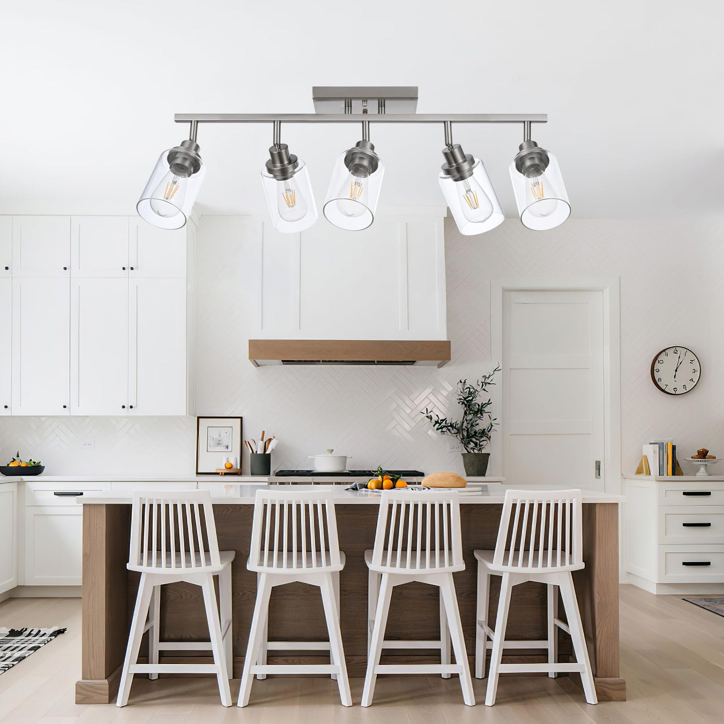 Wanluce 5 Light Track Lighting Kit Brushed Nickel Kitchen Track Lighting Fixtures Ceiling Mount Bathroom Vanity Wall Scones Light Fixture With Clear Glass  Rotatable Spotlight For Kitchen Shop Hallway