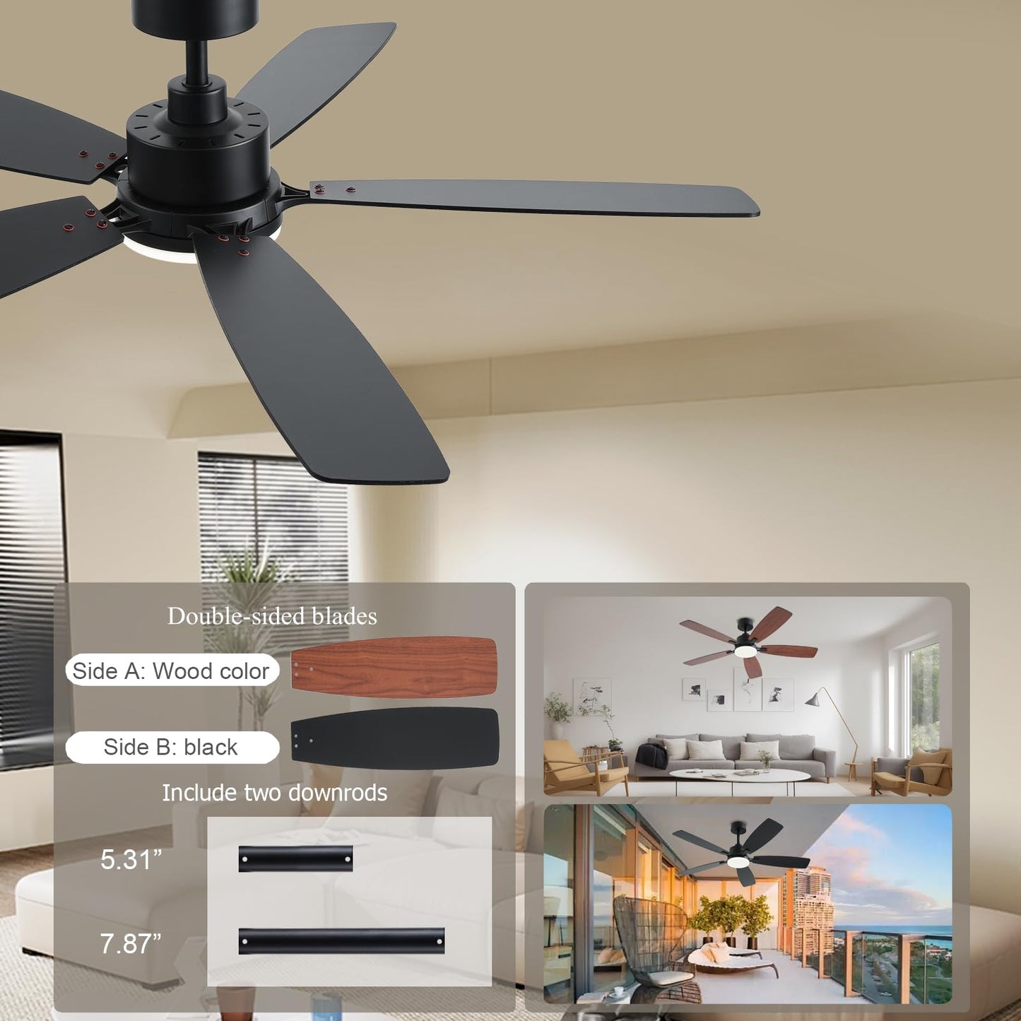 Nkpu 52Inch Ceiling Fans With Lights, Low Profile Ceiling Fan With Light And Remote/App Control, 2 Downrods, Dc Reversible Motor