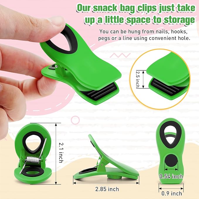 FINDMAG Big Chip Clip, Green Magnetic Wide Bag Clip Set, Cute Magnet Clips for Food, Plastic Food Clips Great for Kitchen, Home, Snacks, Bread, 12 Pack