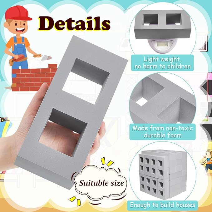Deekin 30 Pcs Foam Brick Building Blocks for Kids Thick Blocks Foam Large Fake Brick Construction Toy for Stacking Construction, 8 x 4 x 2.4 in (Square Holes)
