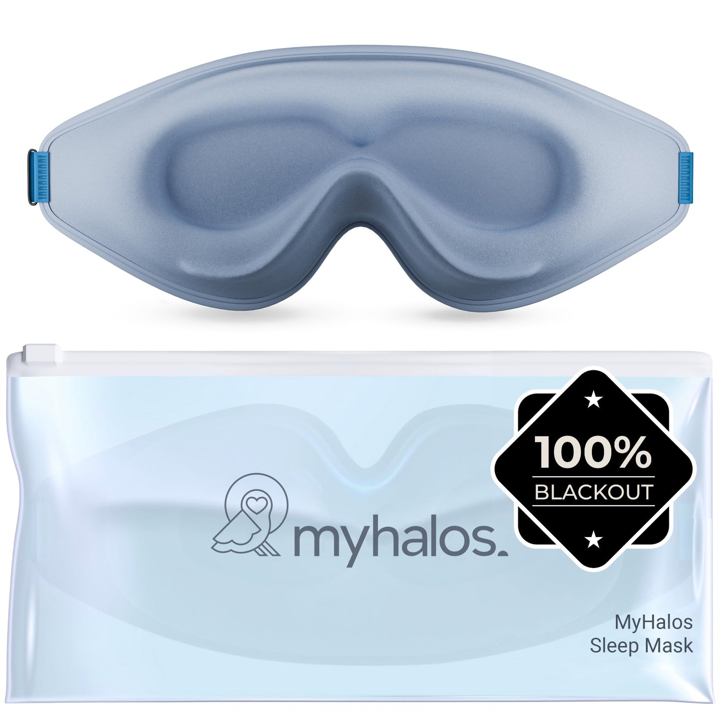 MyHalos® Sleep Mask – 3D Blackout Eye Mask for Women & Men, Side Sleepers, Zero Pressure Memory Foam Eyelash Friendly, Breathable,Award-Winning Sleep Aid for Travel (Light Blue, 1 Count (Pack of 1))