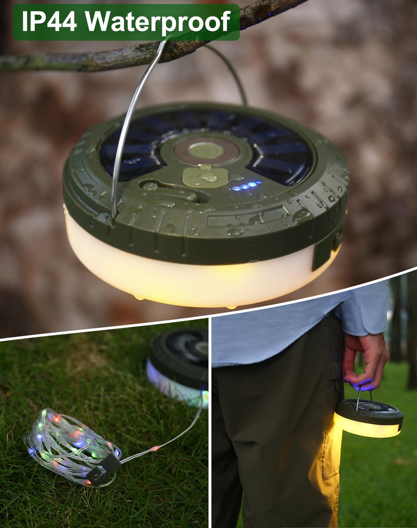 Toiysyy Solar String Lights, 32.8FT Waterproof Fairy Lights, 5 Modes, USB Rechargeable, Portable Green Tent Lights, Model MH-0518