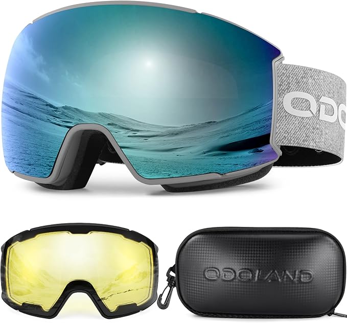 Odoland Magnetic Interchangeable Ski Goggles Set with 2 Lens, Anti-Fog UV Protection Snowboard Snow Goggles for Men Women