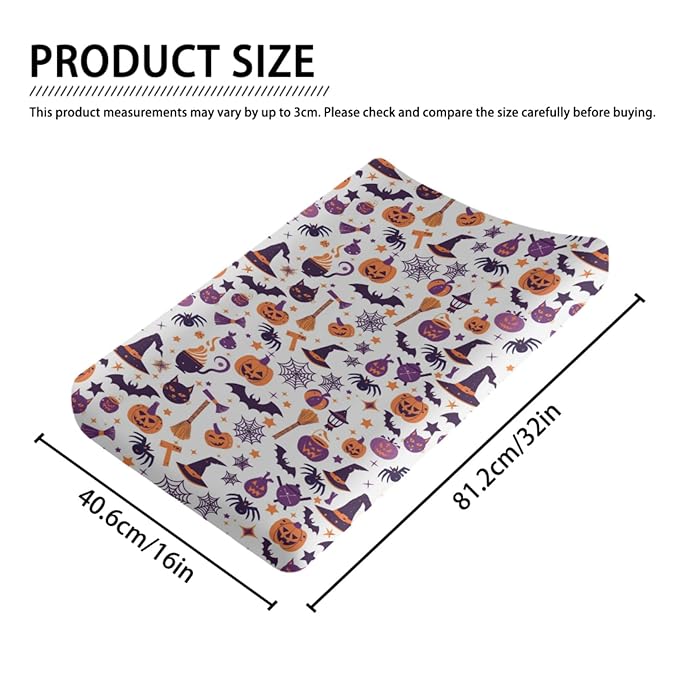 Halloween Pumpkin Spider Witch Hat Cat Stars Pattern Baby Changing Pad Cover, Unisex Fall Winter Holiday Nursery Diaper Changing Table Pad Mat Sheet for Boys Girls-16x32
