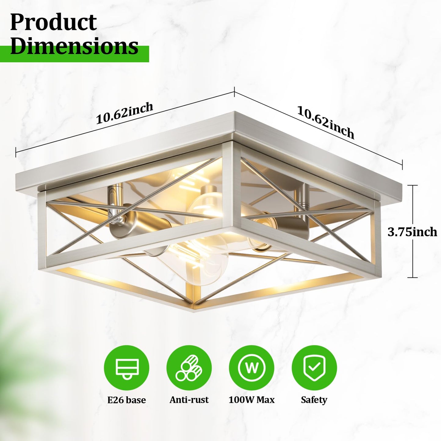 Kondras Brushed Nickel 2-Light Flush Mount Ceiling Lights, Metal, 2-Pack, Square Design for Bedroom, Living Room, Entryway