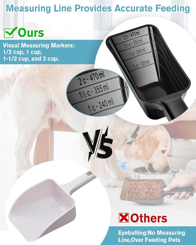 2 Cup Dog Food Scoop(2 Pack), Plastic Pet Food Scoop with Measuring Lines for Accurate Pet Food Portions,Dishwasher Safe (Black and Grey)