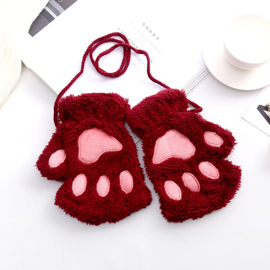 MizHome Cat Bear Plush Claw Paw Mitten Soft Winter Gloves Costume Wine Red