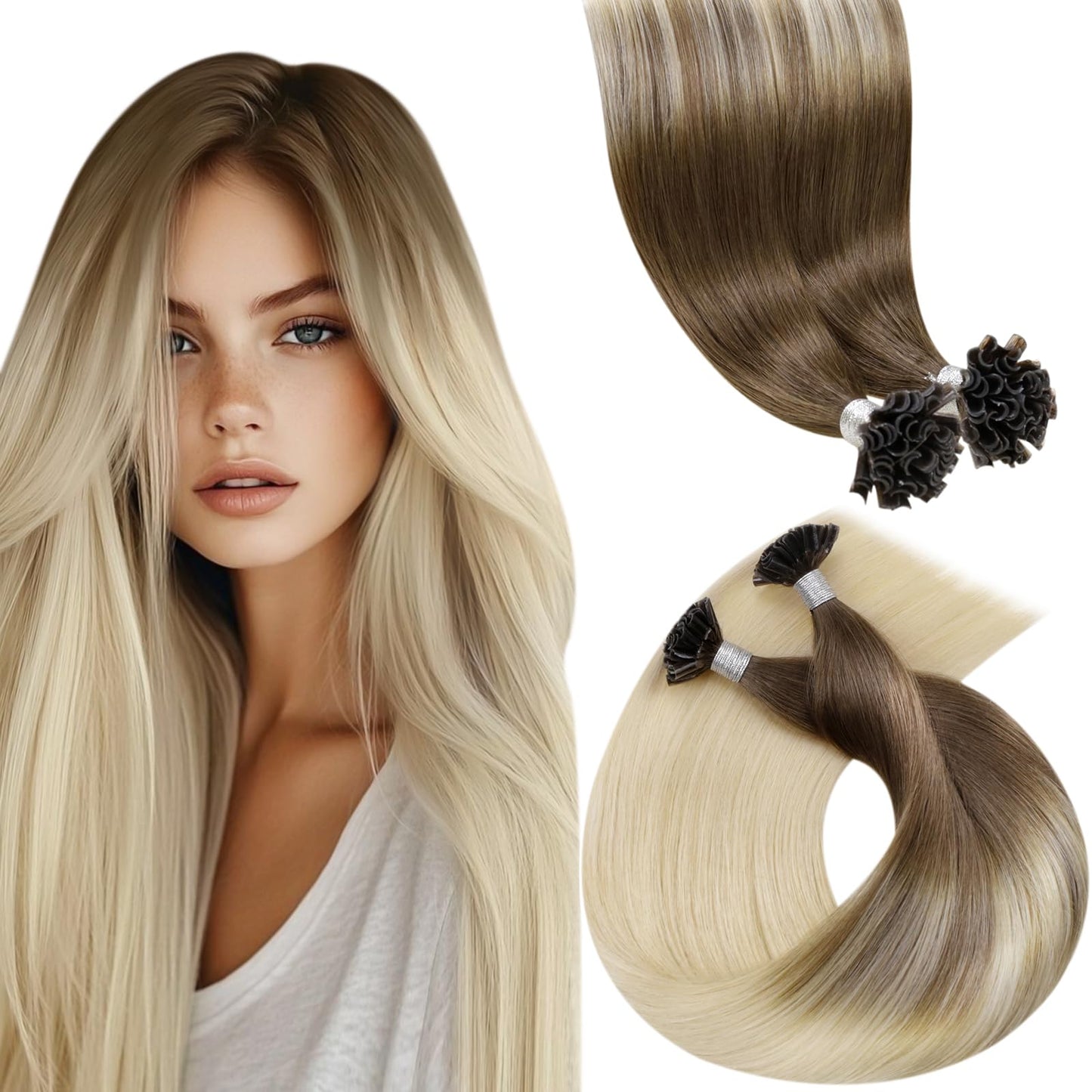 LaaVoo K Tip Hair Extensions Real Human Hair Blonde Ombre Ktip Human Hair Extensions Light Brown Ombre Light Blonde U Tip Hair E