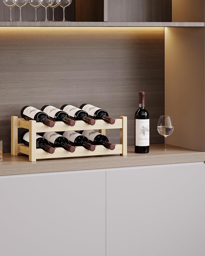 Countertop Wine Rack for Inside Cabinet, Solid Wood 2-Tier Wine Racks for 8 Bottles, Pinewood Liquor Storage Shelf, Water Bottle Organizer for Pantry, Kitchen, Bar, Dining Room (Natural Oak)