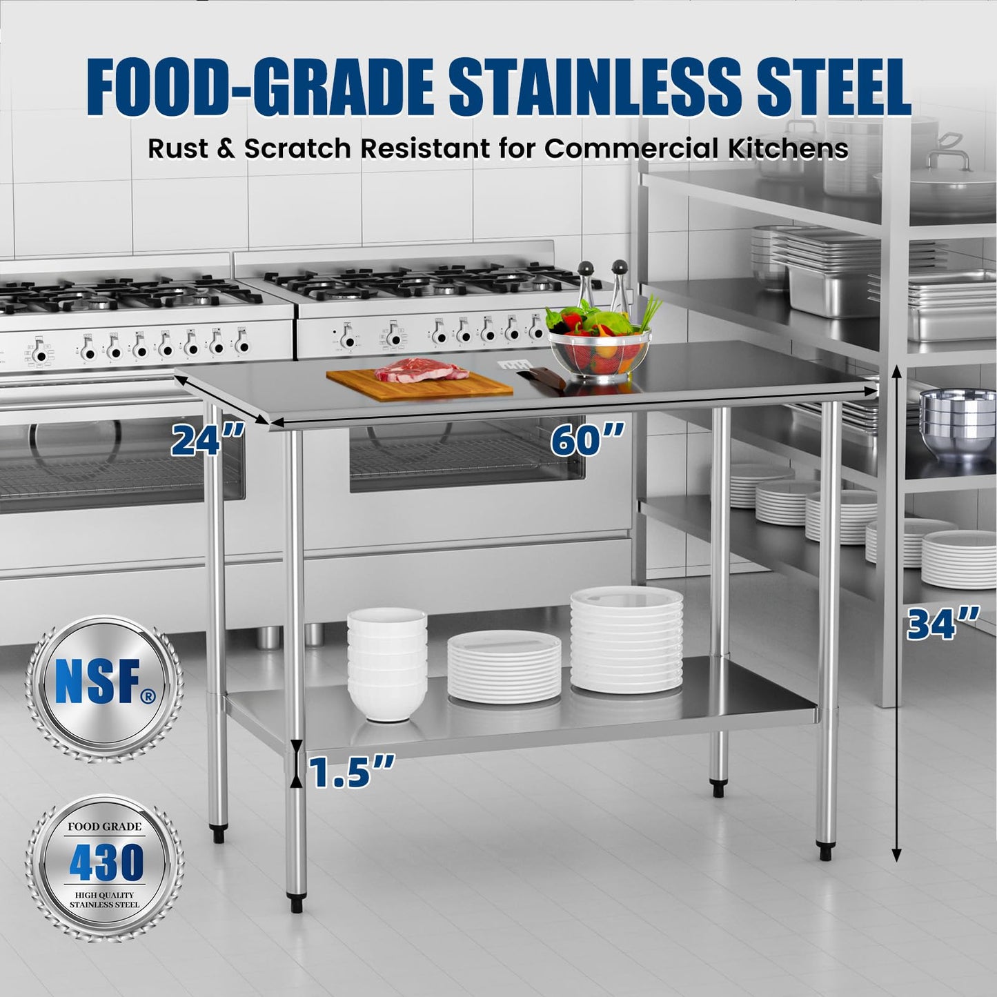 Chingoo Stainless Steel Table 24 x 60 Inches Metal Food Prep Worktable with Adjustable Undershelf for Kitchen, Outdoor, Restaurant, Bar & Garage