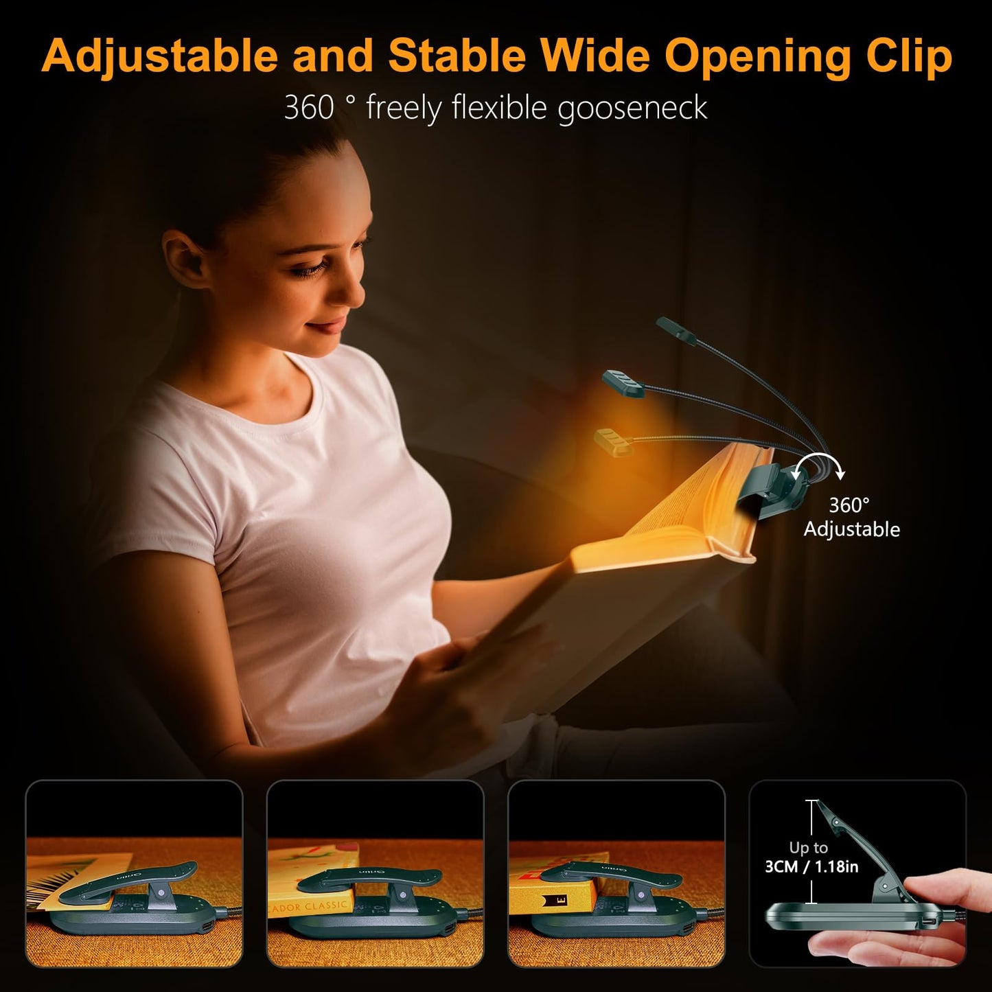 Gritin Rechargeable Book Light with 19 LED, 3 Color Temps, 5 Brightness Levels, Flexible Goose Neck, Model G1321, Aquamarine