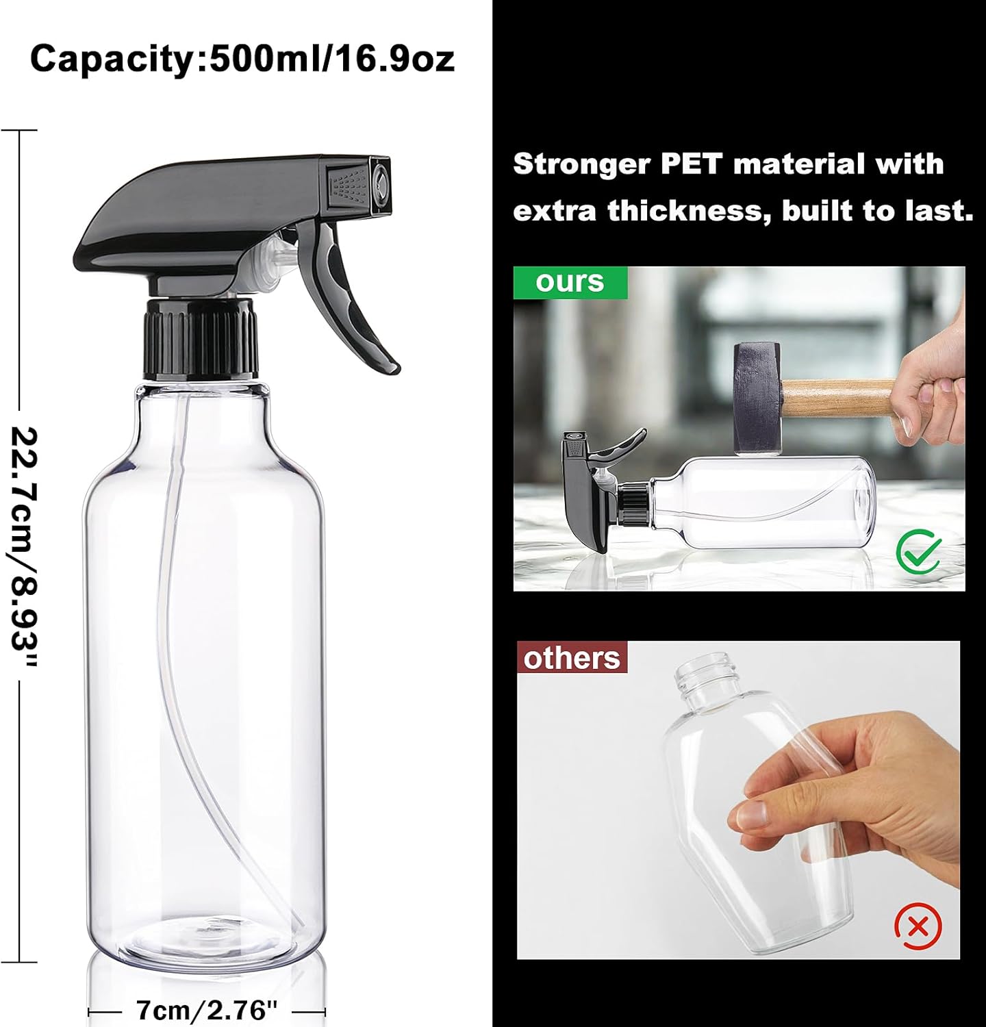 Spray Bottles 16.9oz Plastic Empty Spray Bottle for Hair Mist/Stream Spraying Heavy Duty Water Spray Bottles for Cleaning Solutions, Plants, Essential Oils 2 Pack (16.9oz)
