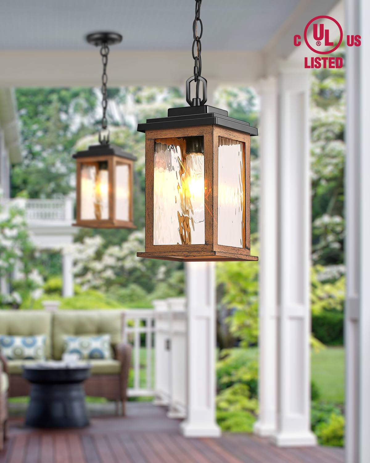 VIANIS Outdoor Pendant Light, Waterproof Aluminum Ceiling Fixture, Wood Grain, Model V83011GR, Lantern for Porch