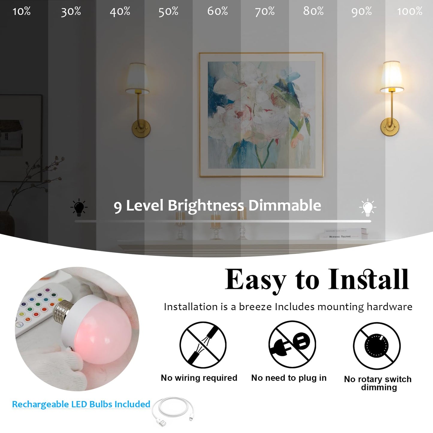 Pathson Wall Sconces Set of 2, Wireless Dimmable Lights, Brass Antique, Remote Control, Includes Bulbs, Model XLUS3003X2