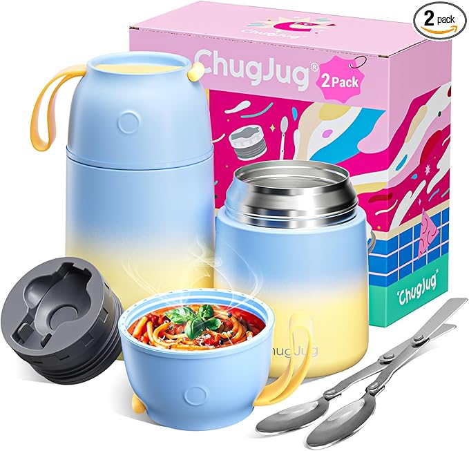 2 Pack Soup Thermo for Hot Food for Adults Kids, Vacuum Insulated Food Jar, Lunch Thermo Food Container for School Office, Cute Travel Food Flask with Spoon (26 oz,18 oz) (Blue)