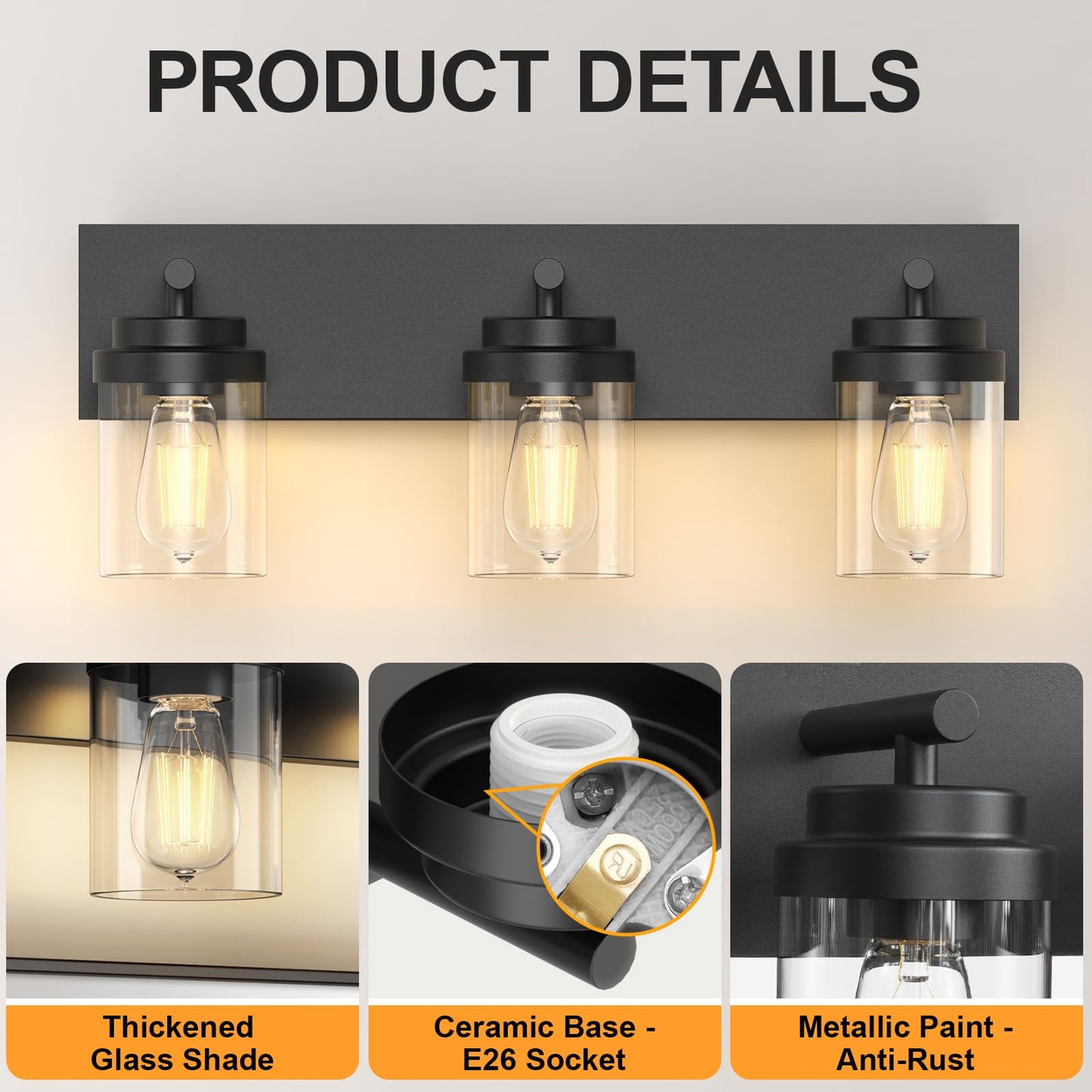 Izorro Bathroom Vanity Light Fixture  3-Light 22 Inch Matte Black Bathroom Light Fixtures Over Mirror  With Clear Glass Shade  Modern Farmhouse Vanity Lights  Rustic Restroom Lighting Fixtures