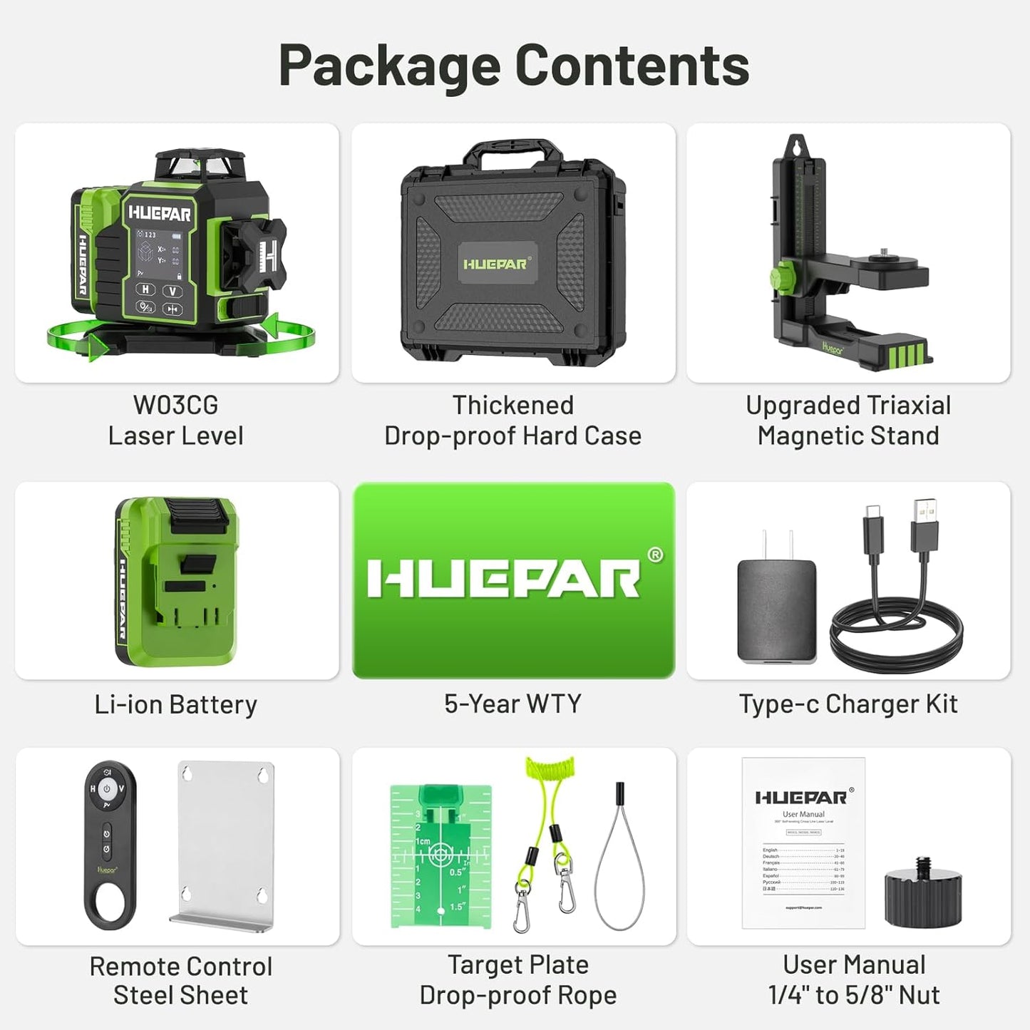 Huepar 2024 New Construction Laser Level 3x360 Self Leveling, 3D 12 Lines Bluetoothed Laser Level with Electric Rotating Base ＆ Large LCD Screen, 3 Planes Green Cross Lazer Leveler Tool W03CG