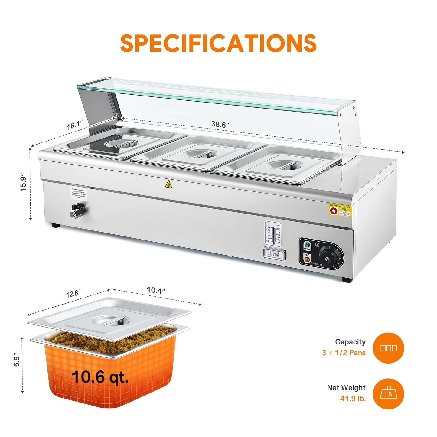 WILPREP 3-Pan Commercial Food Warmer with Sneeze Guard, Three 1/2 Pans, 1500W Countertop Electric Steam Table, 86-185°F Adjustable Temp Control, Stainless Steel Buffet Bain Marie