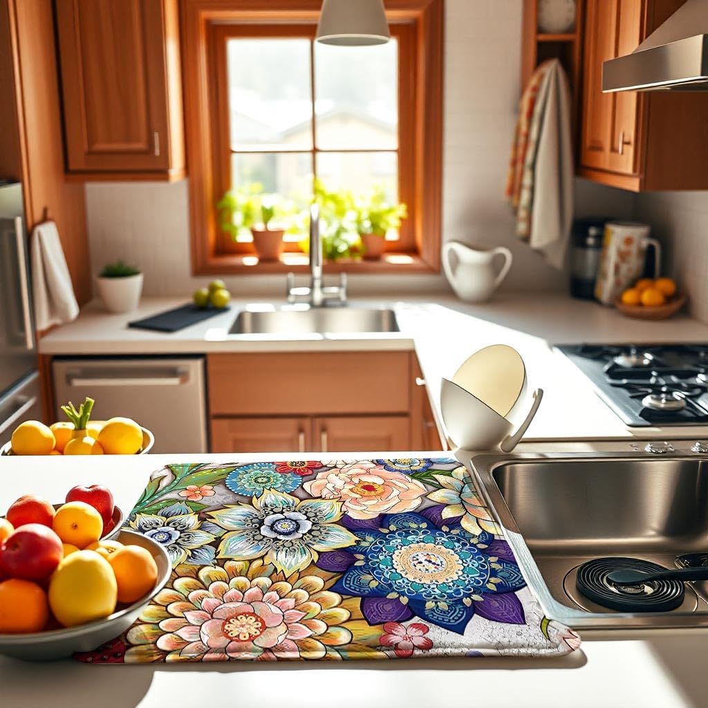 Boho Drying Mat 16" X 18" Boho Flower Kitchen Counter Stone Large Dish Drying Mats For Kitchen Counter Abstract Boho Floral Drying Mats For Home Counter Drying Mats For Dishes Table Mat Drying Mat