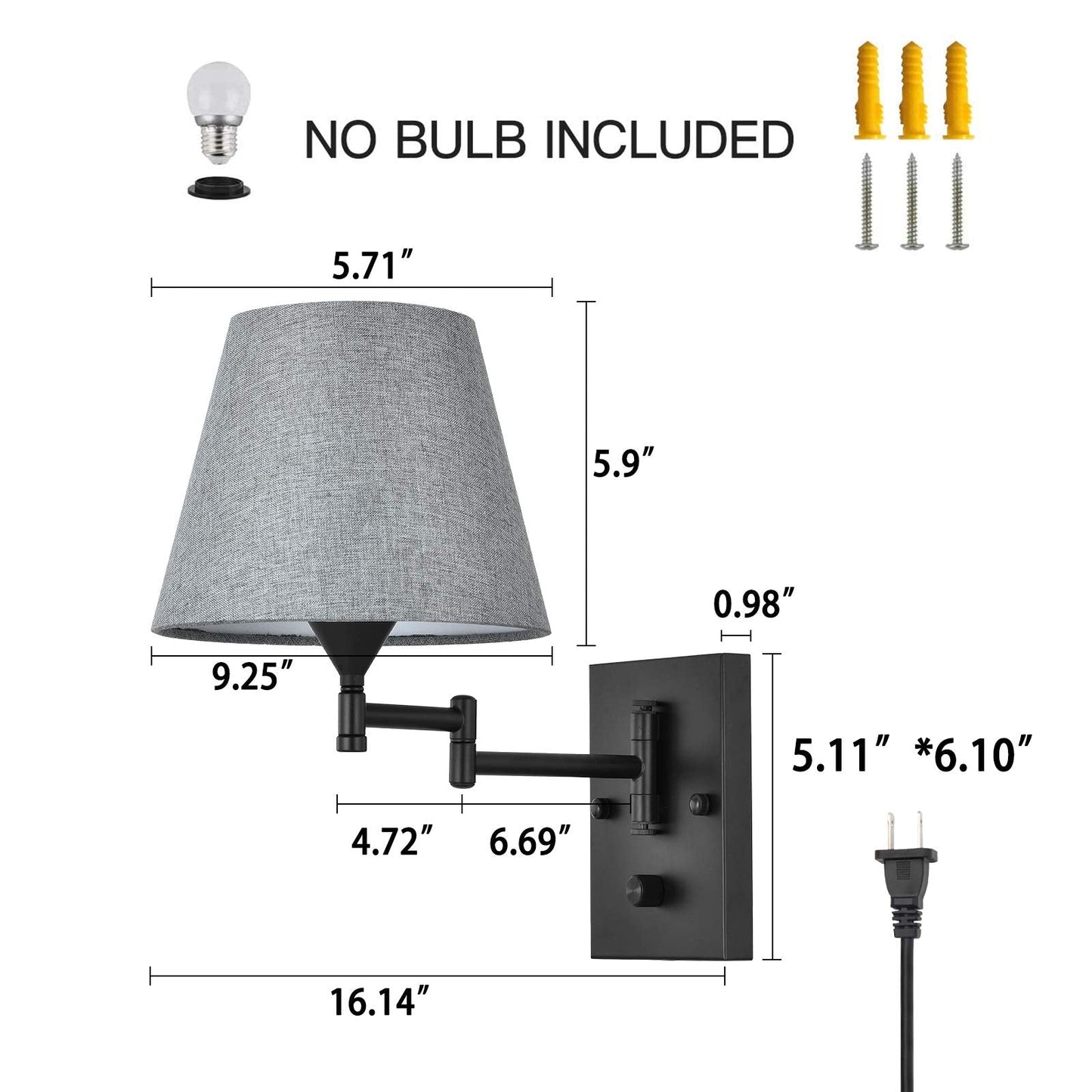 Pauwer Plug In Wall Sconce Set Of 2, Swing Arm Lamp, Gray Fabric Shade, Metal, Ideal For Bedroom, Hallway, Living Room