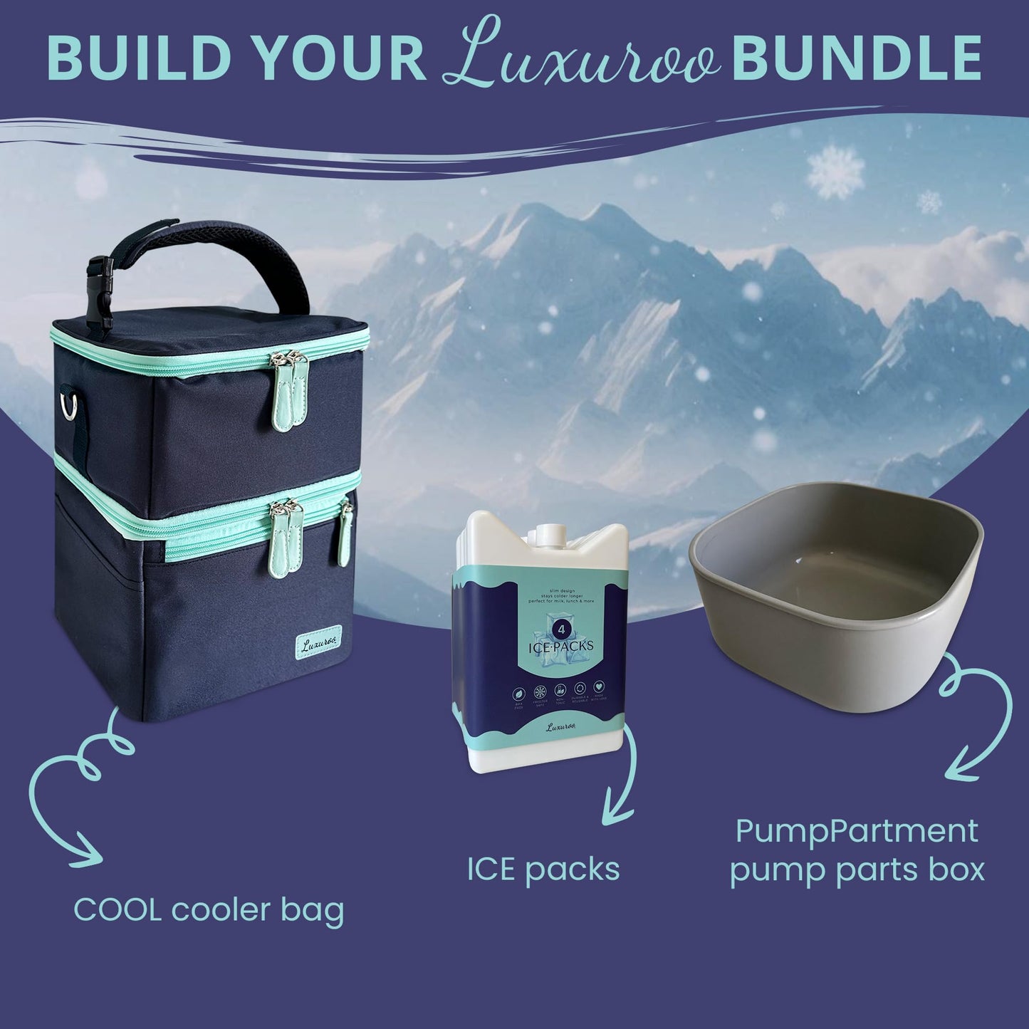 LUXUROO Cool Insulated Breast Milk Cooler Bag with Dual Sections, Non-Toxic, for Day Care Bottles and Pumping Working Traveling Moms to Keep Breast Milk Cold and Fresh On The Go (Navy/Light Blue)