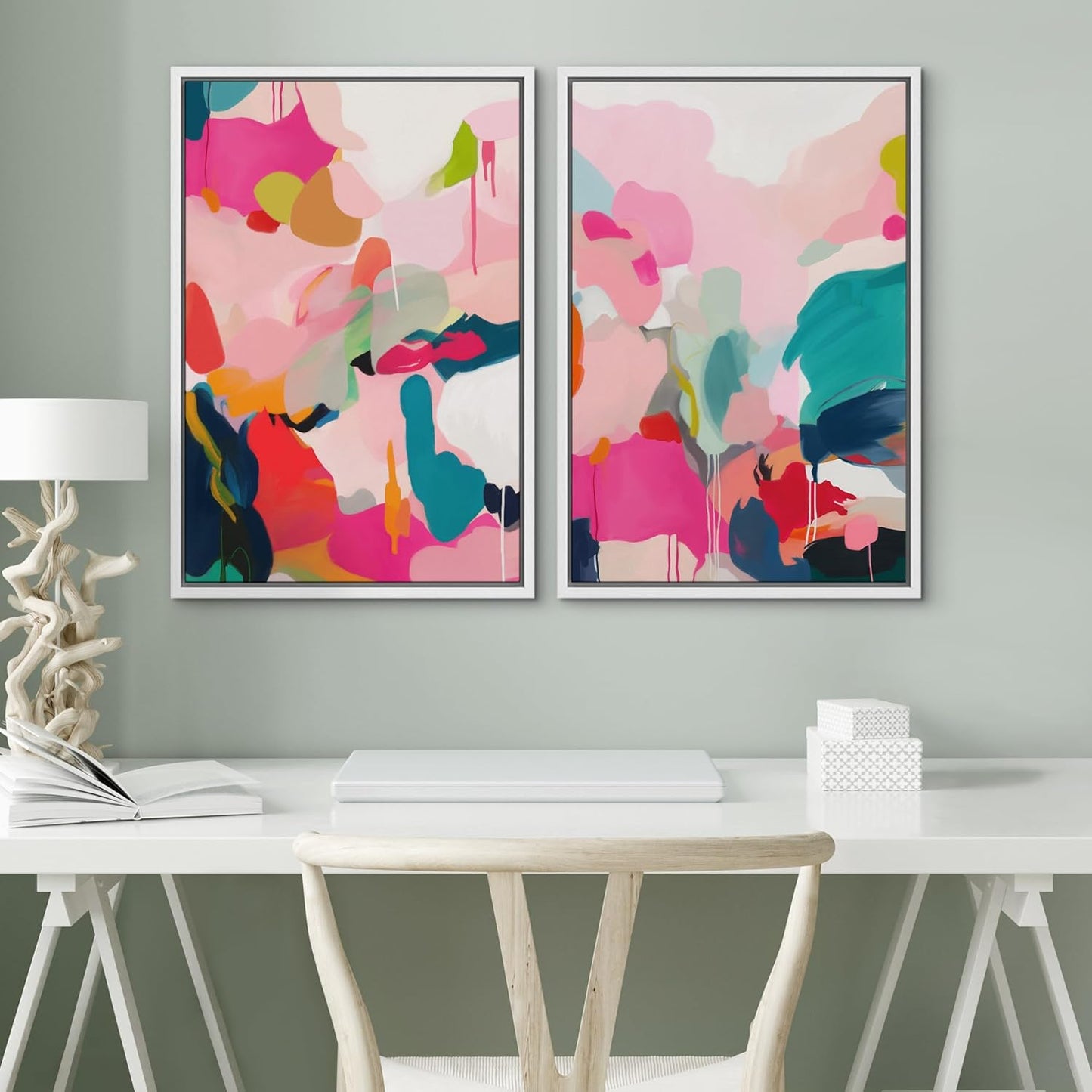 SIGNWIN Framed Canvas Print Wall Art Colorful Abstract Vibrant Pink and Blue Drip Illustrations Modern Art Decorative Contemporary for Living Room, Bedroom, Office - 24"x36"x2 White