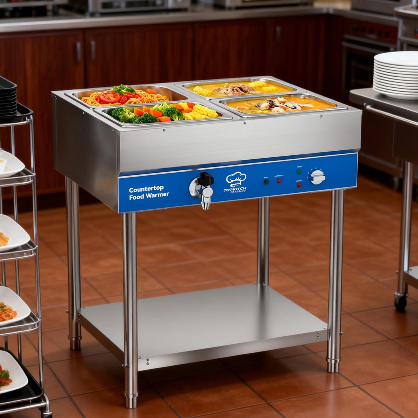 TOPKITCH 4-Pan Commercial Food Warmer, Electric Steam Table, 120V 1700W Stainless Steel Buffet Catering Food Warmer with Undershelf and Workspace, for Restaurant.