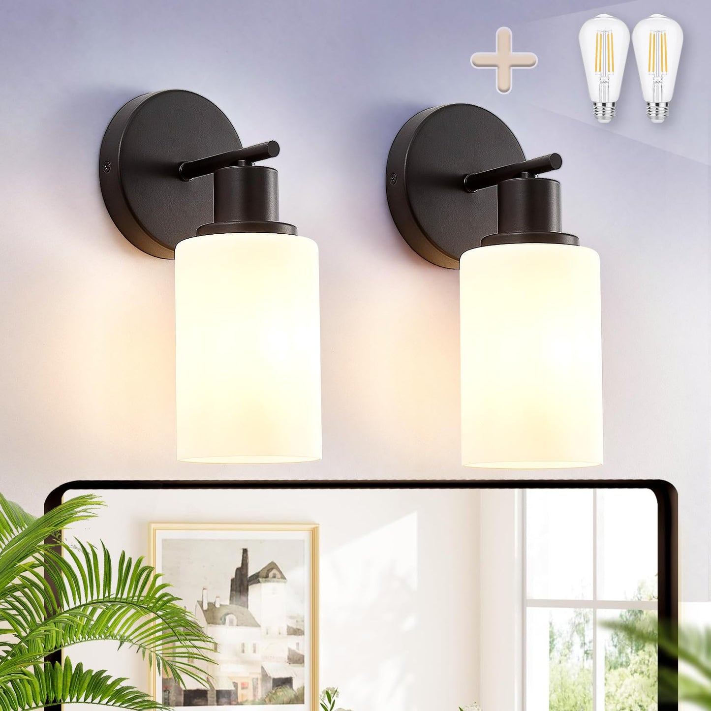 DINGLILIGHTING Wall Sconces - Modern Bathroom Vanity Light Fixtures, Matte Black, Milky White Glass Shade, 1-Light, 2 PACKS